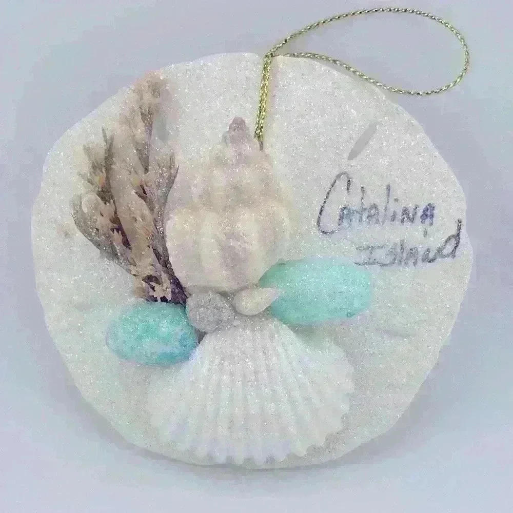 From Catalina Island sea shell Christmas ornament with teal color and glitter - Picture 2 of 7
